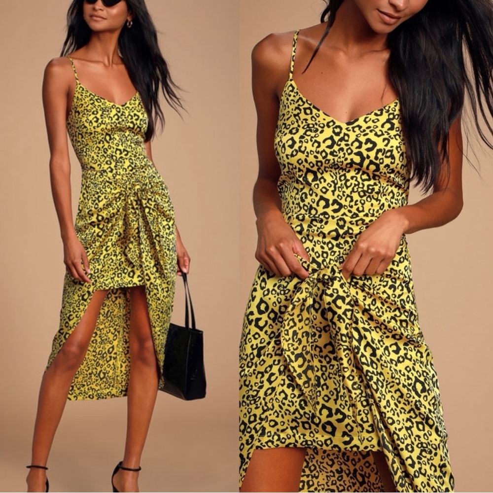 Lulu’s Odette Yellow Black Leopard Print Satin Tie Front High Low dress